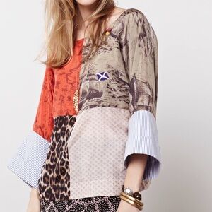 L. P. O. Patchwork Mixed-Print Peasant Top in Rust, Beige & Leopard SIZE S